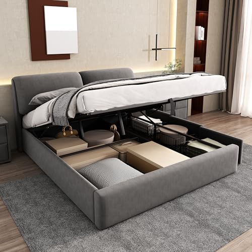 RIAZOS Polsterbett 160x200, Hydraulisches Bettkasten zur Aufbewahrung, Doppelbett mit 3 Schubladen, Stauraumbett mit Lattenrost mit Kopfteil, ohne Matratze, Samt, Grau RIAZOS Polsterbett 160x200, Hydraulisches Bettkasten zur Aufbewahrung, Doppelbett mit 3 Schubladen, Stauraumbett mit Lattenrost mit Kopfteil, ohne Matratze, Samt, Grau