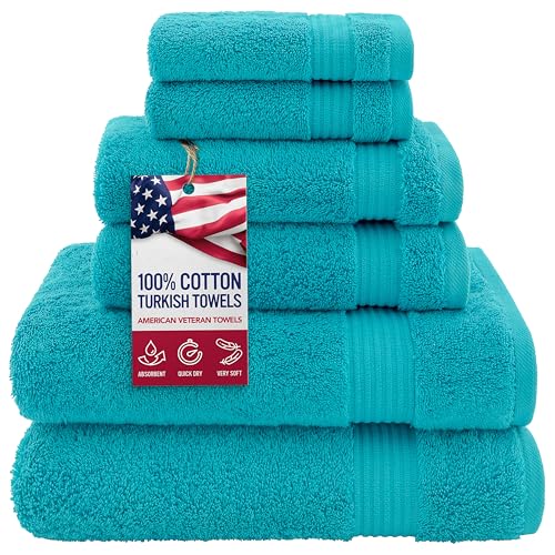 American Veteran Towel, 100% Cotton Turkish 6 Piece Towel Set Luxury Towels Set of 6 for Bathroom Essentials 2 Bath Towels 2 Hand Towels 2 Washcloths, Aqua Blue