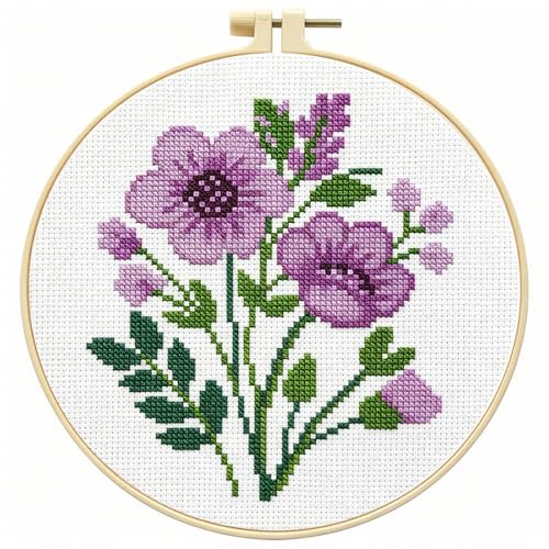 Image of Zhenqing Purple Floral Bouquet Cross Stitch Kit for Beginners - 11CT 24x24cm Pre-Printed Pattern with Embroidery Hoop, Threads & Tools(70523)
