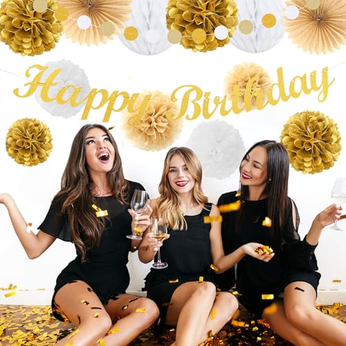 Image of White-Gold Champagne Birthday Party-Decorations Paper-Flowers - 14pcs Happy Banner Engagement Honeycomb Tissue Pom Poms,Women Streamers Garland Beige Fans,21st 18th Girl Hanging Supplies Decor Hugfond