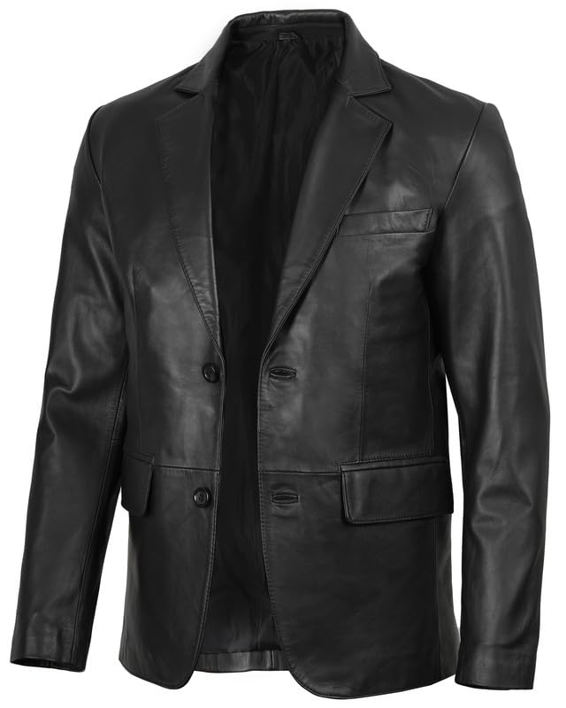Image of Blingsoul Mens Leather Blazer - Casual Leather Sport Coat with Notch Lapel, Real Lambskin Leather Jacket for Men