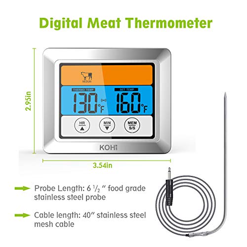 Kohi Digital Meat Thermometer Food Thermometer Oven Safe Timer With 3.2" Large Color Touch Screen For Grilling Roasting Turkeys, Bbq, Oven Cooking #TOP5