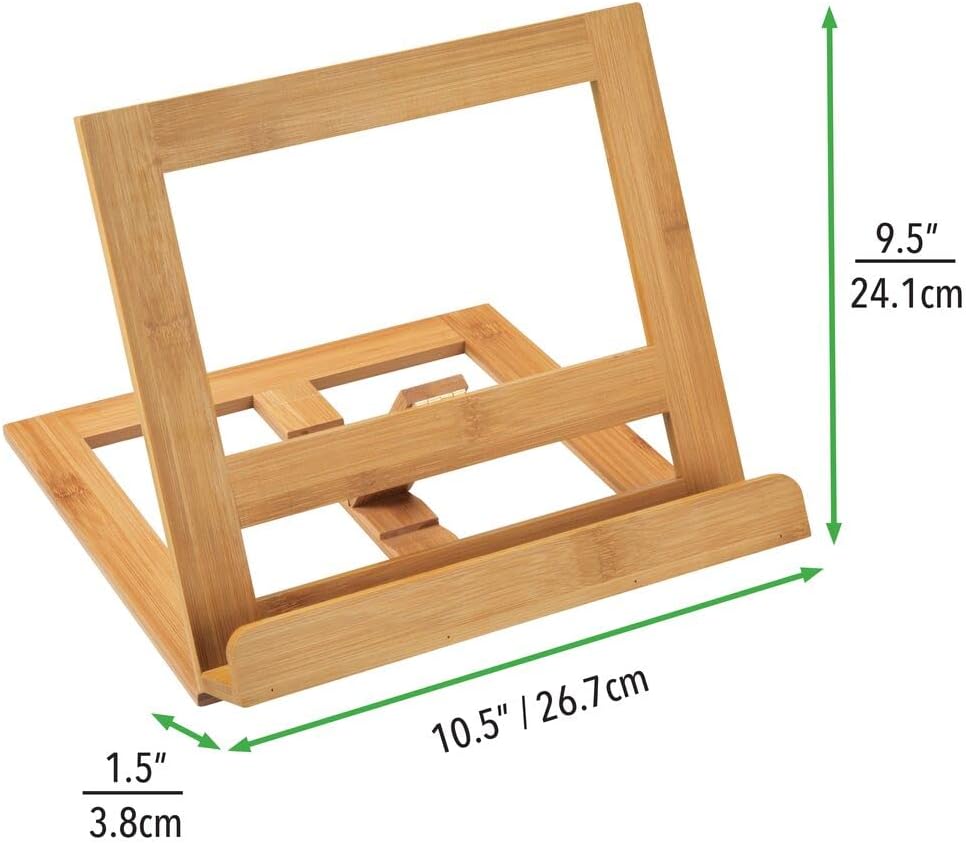 mDesign Bamboo Adjustable Cookbook Holder Stand for Kitchen Countertops - 4 Adjustable Positions, Folds Flat for Storage - Portable Book Stand, Freestanding - Natural Light Wood