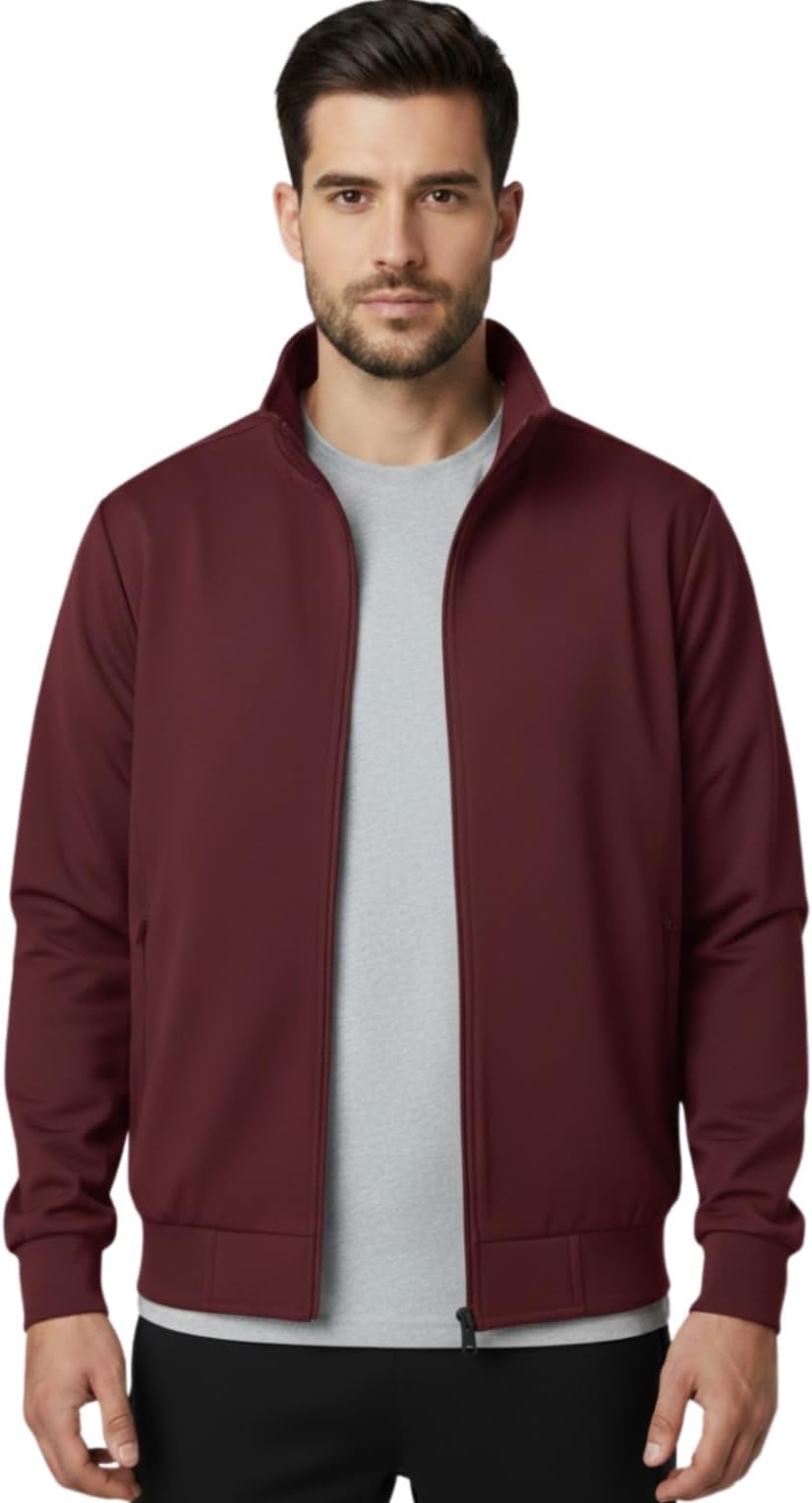 Men's Solid Black Zip Up Jacket, Lightweight Full Sleeve Track Jacket, Casual Sportswear Outerwear, Regular Fit for Gym, Running, Travel