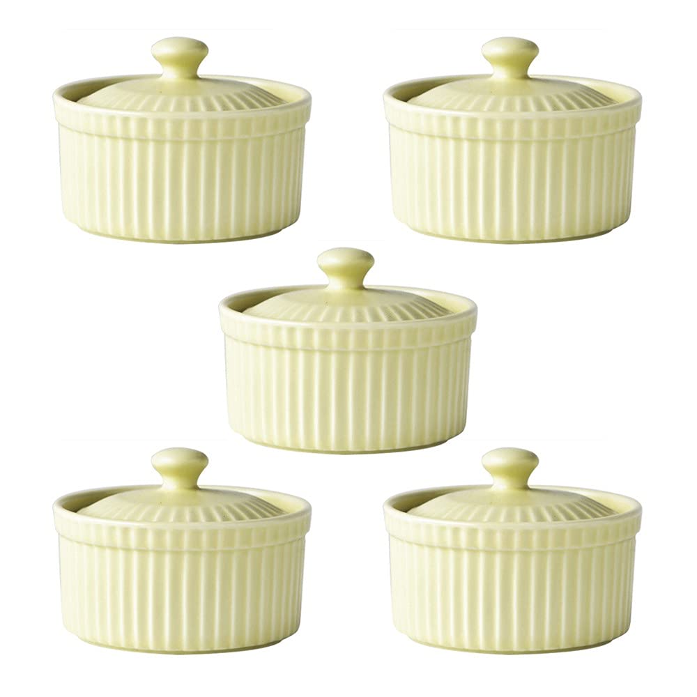 Meltset - Ramequines de 4 onzas con tapas, cuencos de cerámica aptos para horno, platos de porcelana para hornear soufflé, crema brulee, pastel de lava, postres de helado, aperitivos (juego de 5,