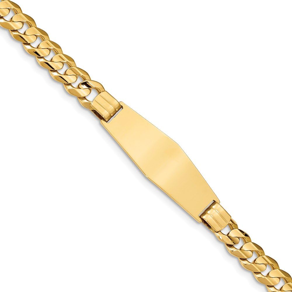 Solid 14k Yellow Gold Curb Cuban Soft Diamond-Shape ID Bracelet Engravable Identification Name Bar Tag - with Secure Lobster Lock Clasp 8" (Width = 14mm)