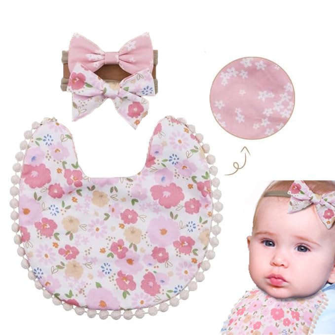 SNOWIE SOFT® Feeding Bib Set Flower Print Baby Girls Cloth Drooling Bib with 2Pcs Bow Hairband Hair Bands Tie Back Saliva Bib Baby Bib Washable Bib Baby Bibs for 6 to 12 Months Baby Feeding Products-image-1