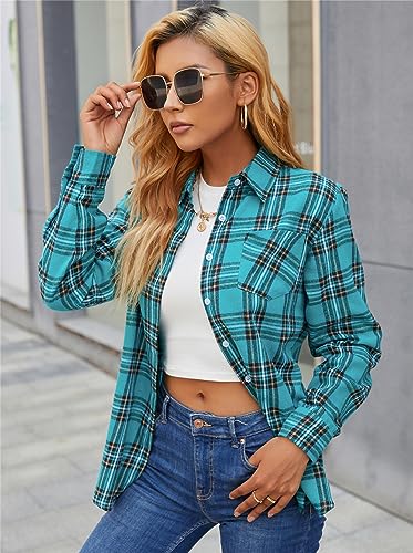 Image of SANGTREE Women and Girls Long Sleeve Flannel Casual Button Down Plaid Shirt