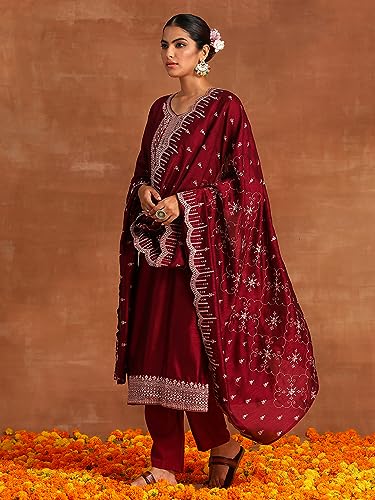 Image of INDO ERA Silk Blend Women's Embroidered Straight Kurta Trouser With Dupatta Set