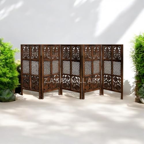 Image of Wooden Partition for Living Room, Privacy Divider, Room Separator, Office Divider, Puja Partition (Mix Frame Design - Brown) (4 Feet - 5 Panels)