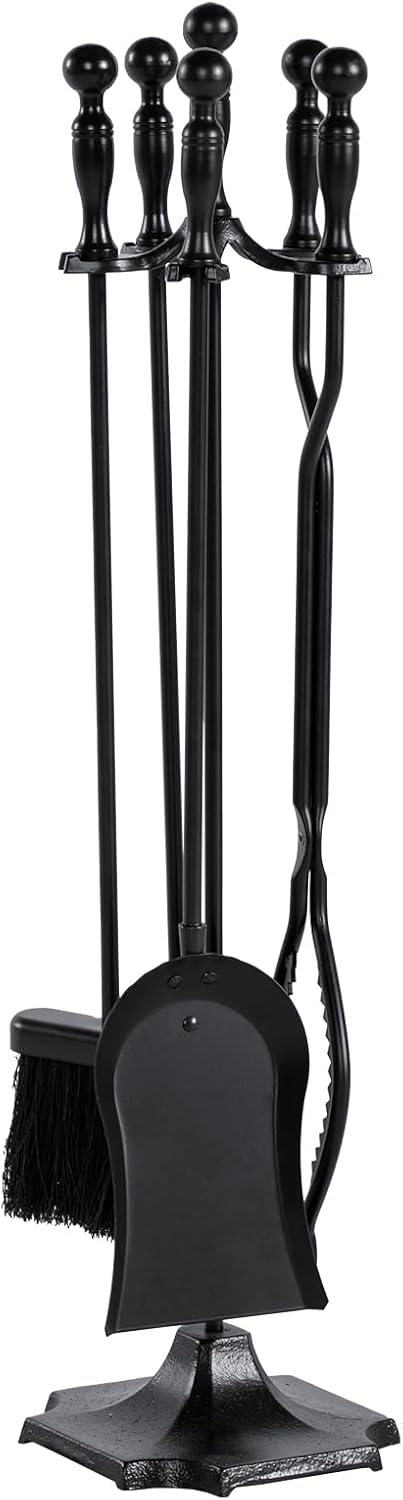 nalone 5 Pieces Fireplace Tools Set, Brass Handles Wrought Iron Fireplace Accessories Set with Poker, Tong, Shovel, Brush, Fire Place Tools Indoor Outdoor (Antique Bronze)