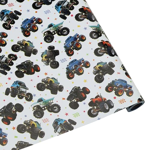 Monster Trucks Wrapping Paper Roll Mini Roll-17 Inches * 32.8 Feet Wrap Paper for Boys Kids Birthday Party Baby boy Baby Shower Newborn New Moms or Parents Truck-themed Design 1 Roll