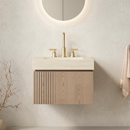 WELERONY 24" Bathroom Vanity with Sink, Floating Wall Mounted Plywood Cabinet with 2 Soft-Close Doors, Roma Travertine Sintered Stone Top, Ceramic Basin, 3 Faucet Holes, Light Brown Woodgrain