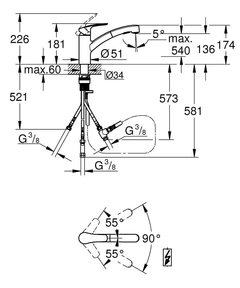 GROHE Start, Niederdruck Küchenarmatur 2 Strahlarten (Wasserhahn Küche für offene Warmwasserbereiter, herausziehbare Brause, 90° schwenkbar, wassersparend, werkzeugfreie Montage), chrom, 1012400000