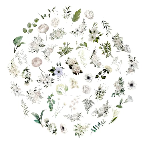 Obujopal 100 Pcs Daisy Camellia Stickers, White Flower Stickers for Scrapbooking Junk Journal Notebook Diary Planner Letter Envelope Water Bottle Phone Case Craft Decoration, 50 Patterns - Thumbnail 3