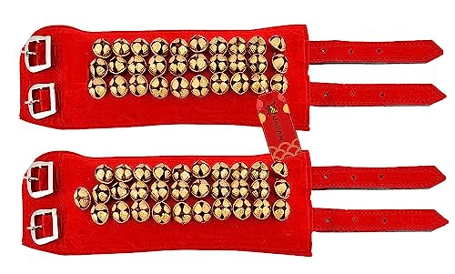 Image of UAPAN 3 line Ankle Bells Velvet Pad for Classical Bharatanatyam Kathak Dance with Adjustable Strap (Red Velvet Belt)