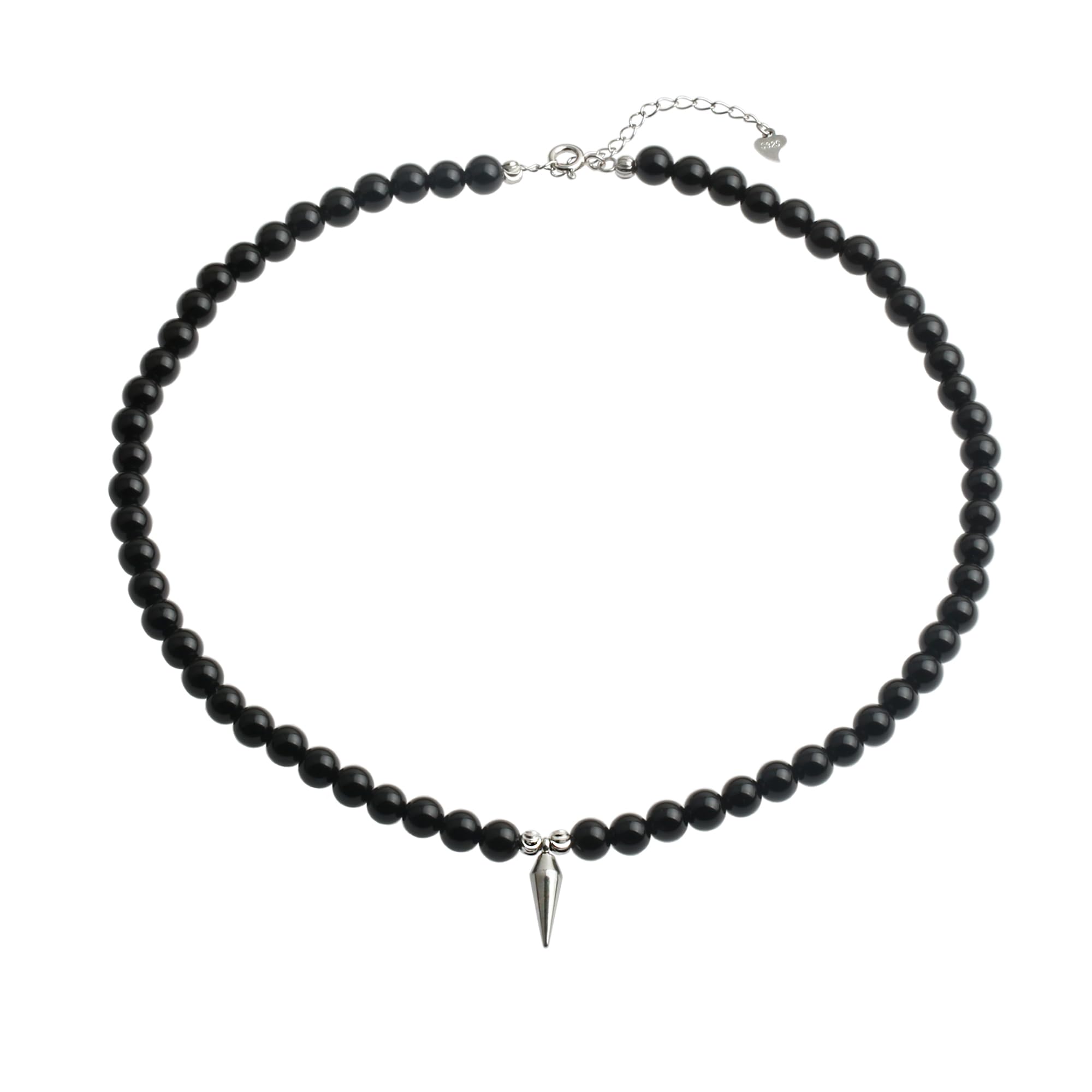Black Onyx Round Beads Strand Spike Rivet Charm Choker Necklace Sterling Silver Goth Streetwear Punk Necklace