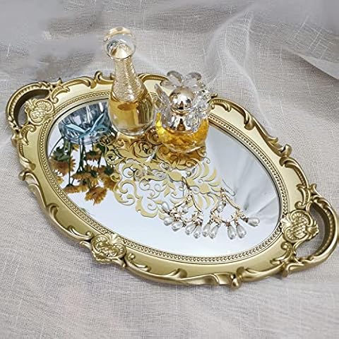Yamfurga Oval Printed Decorative Mirror Tray, French Style, Mirror, Makeup Organizer, Jewelry Organizer, Serving Tray, 9.8"x 14.6", Gold Cover