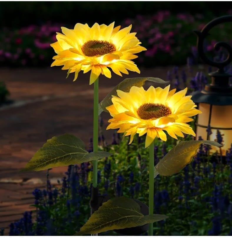 KAUSTHUBAM Resin Sunflower Shape Solar Led Lights, 2 Pack Garden Waterproof Decorative with Stake for Outdoor Yard Pathway Outside Patio Lawn-image-11