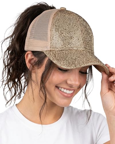 Funky Junque Womens Distressed Trucker Hat with Ponytail Hole Messy Bun Ball Cap Adjustable Criss Cross Baseball Cap for High Bun - Sequin - Gold
