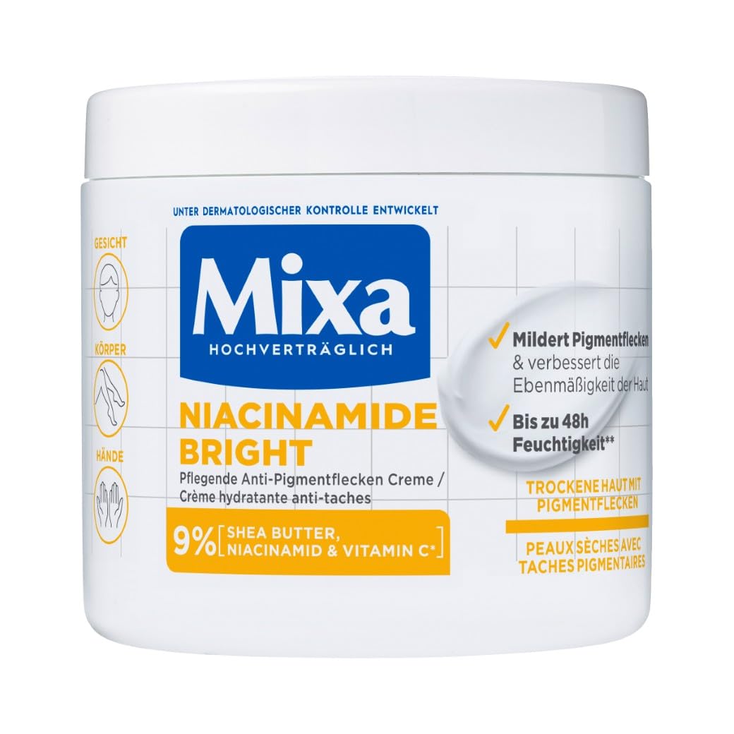 Mixa feuchtigkeitsspendende Anti-Pigmentflecken Allzweckcreme, Geeignet für Gesicht, Körper & Hände, Niacinamide Bright, Hypoallergen, 400 ml