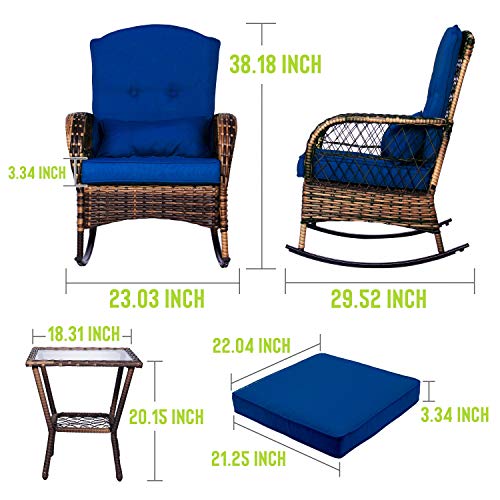ENSTVER 3 Pieces Patio Conversation Set w/ 2 Rattan Wicker Rocking Chairs and Glass Table,for Garden Backyard Lown Porch(Dark Blue) - Thumbnail 4