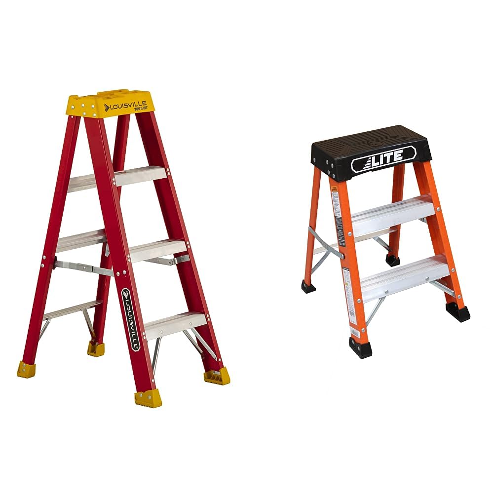 Louisville Ladder L-3016-04 Fiberglass Step Stepladder (4-Feet) and LITE 2' Fiberglass Step Stool Ladder (300-Pound Capacity)