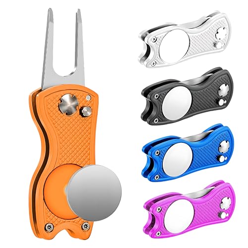 Middletown Outdoors Golf Divot Tool with Magnetic Ball Marker, Multifunctional Divot Tool, Foldable Fork,Fix Divots, Clean Clubs and Cleats, U Shape Bottom can Hold Club, Orange