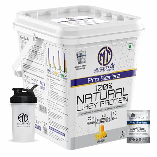 Image of MuscleTrail Pro Series Whey Protein, 50 Pouches, 25g Protein, Isolate Source, Low Carb, 4g Glutamine & Glutamic Acid, 5g BCAA (1.79kg, Mango)