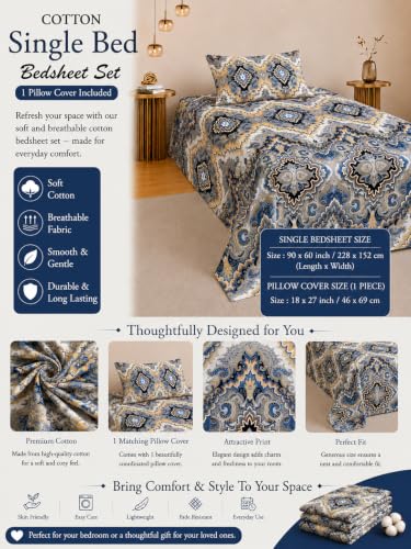 Image of IVAZA 260 TC Soft Ezyption Cotton Floral Single Bed Sheet - Single bedsheet with 1 Pillow Cover Hypoallergenic, Brethable, (Size- 90 x 60 Inch Jet Black