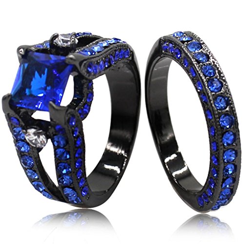 Black Blue Princess Cut Cubic Zirconia Wedding Ring Set