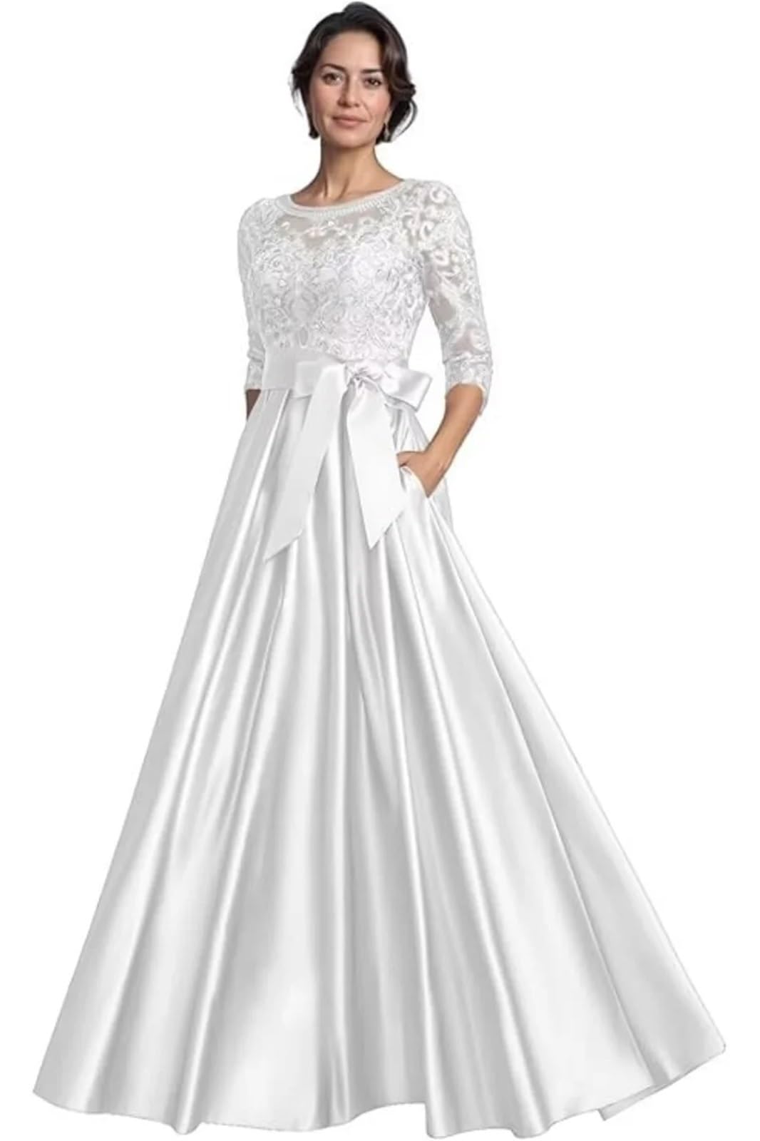 Abiti da sera lunghi in raso con applicazioni in pizzo e maniche a 3/4, con tasche, scollo rotondo e scollo a V.(White,10)