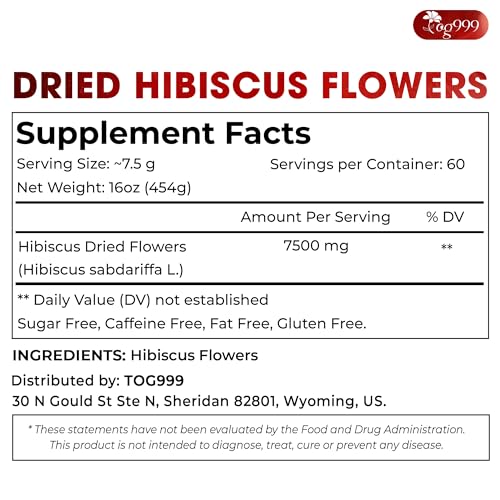 Image of TOG999, Premium Hibiscus Flowers 16oz, 220 Cups | Dried Petals | Naturally Caffeine-Free Herbal Tea | Vibrant Color & Tart Floral Flavor | Non-GMO, Gluten-Free, Vegan | Perfect for Tea, Beverages, and Crafts