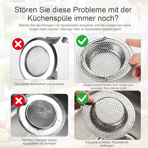 Dreamil Abflusssieb Sieb für Spülbecken 2 Stück Sieb für Spülbecken mit Griff Edelstahl Abflusssieb Küchenspüle Verstopfungsschutz Küche Abfluss Spüle für Spülbecken und Haarfänger (11.5 x 7.5 x 2 cm)