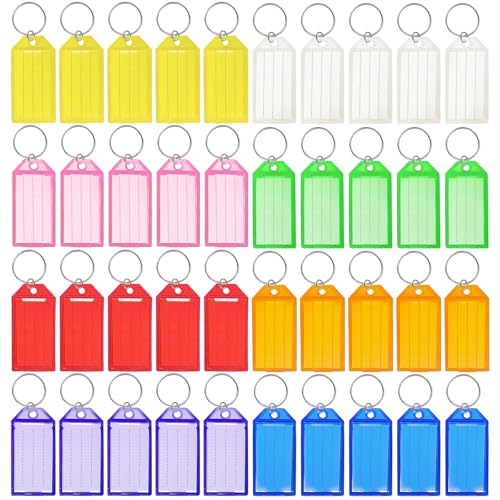 Redamancy 40 Pièces Porte Clef Etiquette, Étiquette en Papier Avec Lignes Vierges, 8 Couleurs Porte-Clef en Plastique Solide et Durable pour Identification