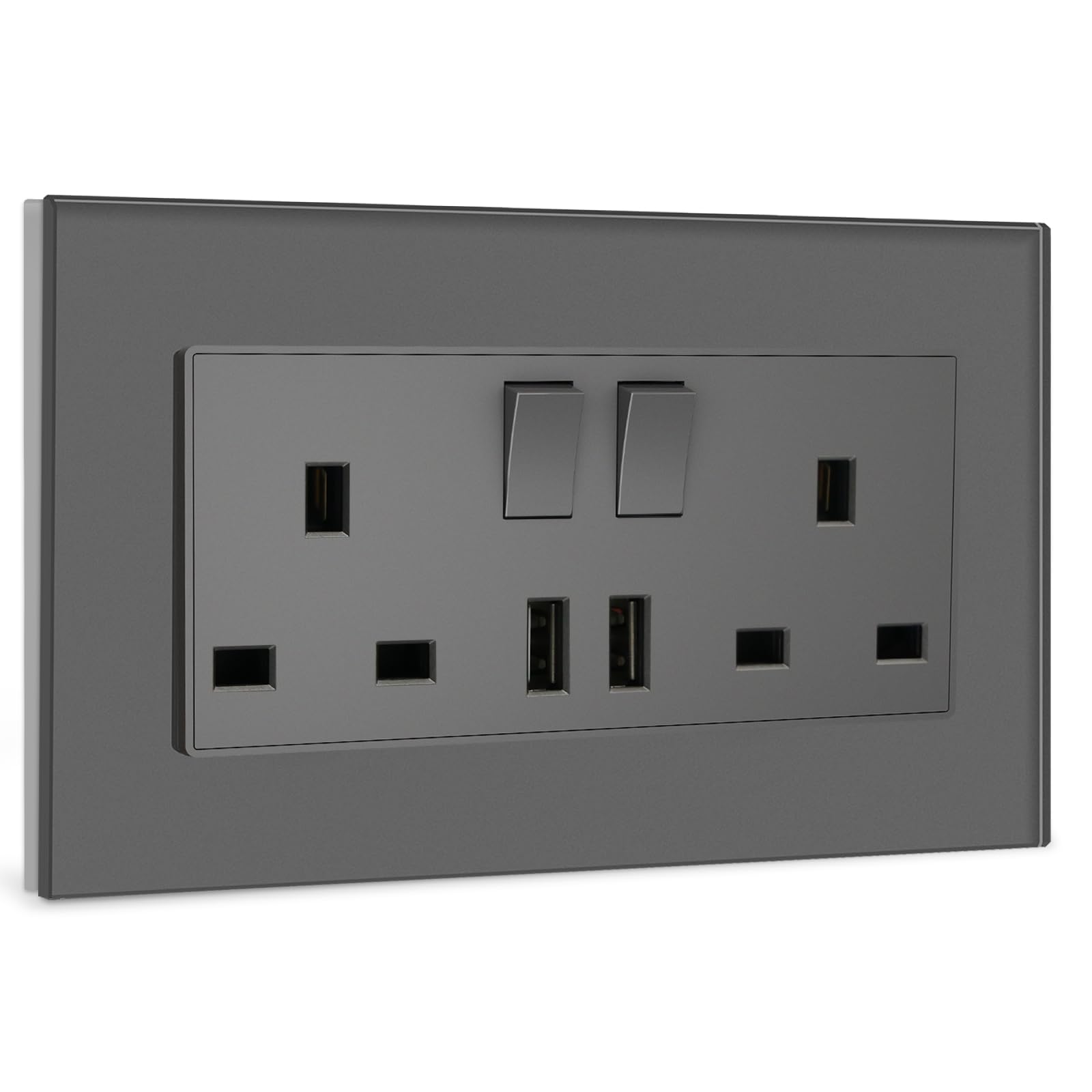 BSEED Double Switched Wall Socket 2 Gang Grey with Two-USB Charging Ports, 13A Wall Electric Power Socket with Glass Panel
