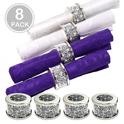 Stylishia Silver Diamond Glass Napkin Holder Stainless Steel Framed Crystal Silver Napkin Rings Set Of 8 Pieces, Glam Serviette Buckles Cloth Holder Bling Crushed Diamond Table Settings Home Decor #TOP2