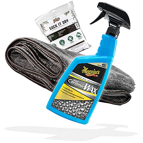 detailmate Sprühversiegelung Wachs Set Perfekter Lotuseffekt - Meguiars Hybrid Ceramic Wax Spray, Sprühwachs 768 ml + Microfiber Monkey Mikrofaser Auto Trockentuch, extrem saugfähig, 40x55cm, 1000GSM