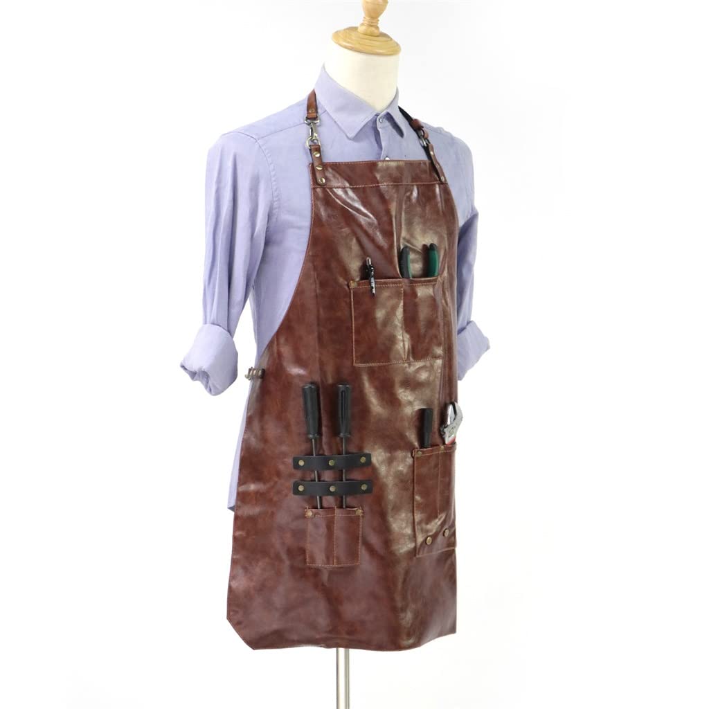 Delantal con Peto Delantal de Cuero Mono de Trabajo de Cuero de Microfibra Cinturón de Cuero Delantal de Trabajo Flexible (Color : Brown, Size : 59x75cm)