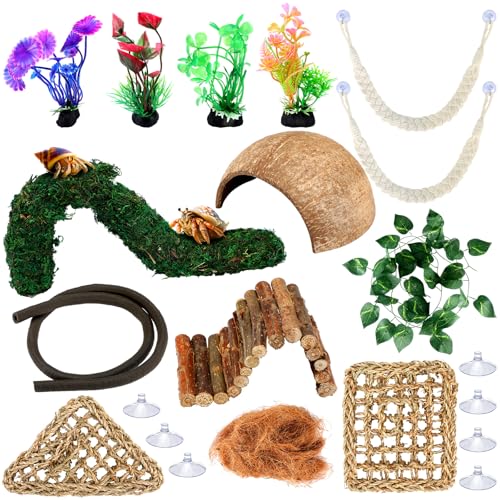 Fiwochic 14 Pcs Hermit Crab Accessories Natural Hermit Crab Habitat Toy Artificial Moss and Plants Suction Cups for Lizard Chameleon Leopard Gecko Reptile Amphibians Tank Decoration (Rainforest Style)