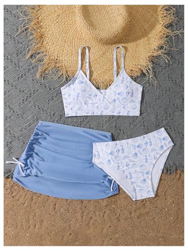 Image of COZYEASE Girls' 3 Piece Set Floral Print Bikini Swimsuit with Drawstring Beach Skirt Cute Ruched Bathing Suit
