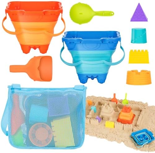 Beach Toys, Collapsible Sand Toys – 9pcs Sand Castle Building Kit: Foldable Sand Buckets, Shovels, Castle Molds & Packable Mesh Bag – Sandbox Toys for Toddlers, Kids Ages 3-12, Beach Travel