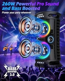 Large Party Bluetooth Speaker, 260W Peak Powerful Loud Sound with Deep Bass, 15Hr Playtime, Fast Charge, RGB Cool Light Show, TWS, Portable for Outdoor Beach, Camping, Backyard, Work, Home (Black)