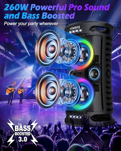 Large Bluetooth Speaker, 260W Peak Powerful Loud Sound with Deep Bass, Portable Outdoor Speaker Wireless, 15Hr Playtime, Fast Charge, TWS, Cool Lights for Party, Camping, Beach, Backyard, Home, Work - Image 3