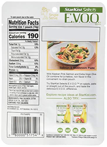Image of StarKist E.V.O.O. Wild-Caught Pink Salmon, 2.6oz Pouch, 1-Pack | 14g of Protein Per Serving, Features Extra Virgin Olive Oil, Wild Caught Tuna, Gluten Free, Soy Free, Omega 3s