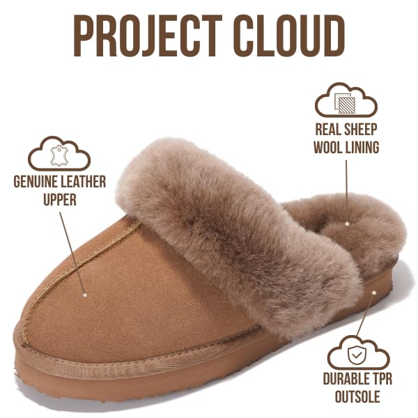 Project Cloud Genuine Leather Slippers for Women Footwear with Real Sheep Wool Lining Womens Clogs & Mule - Non-Slip Indoor/Outdoor Scuff Womens Slippers with Memory Foam Insole (Henka)
