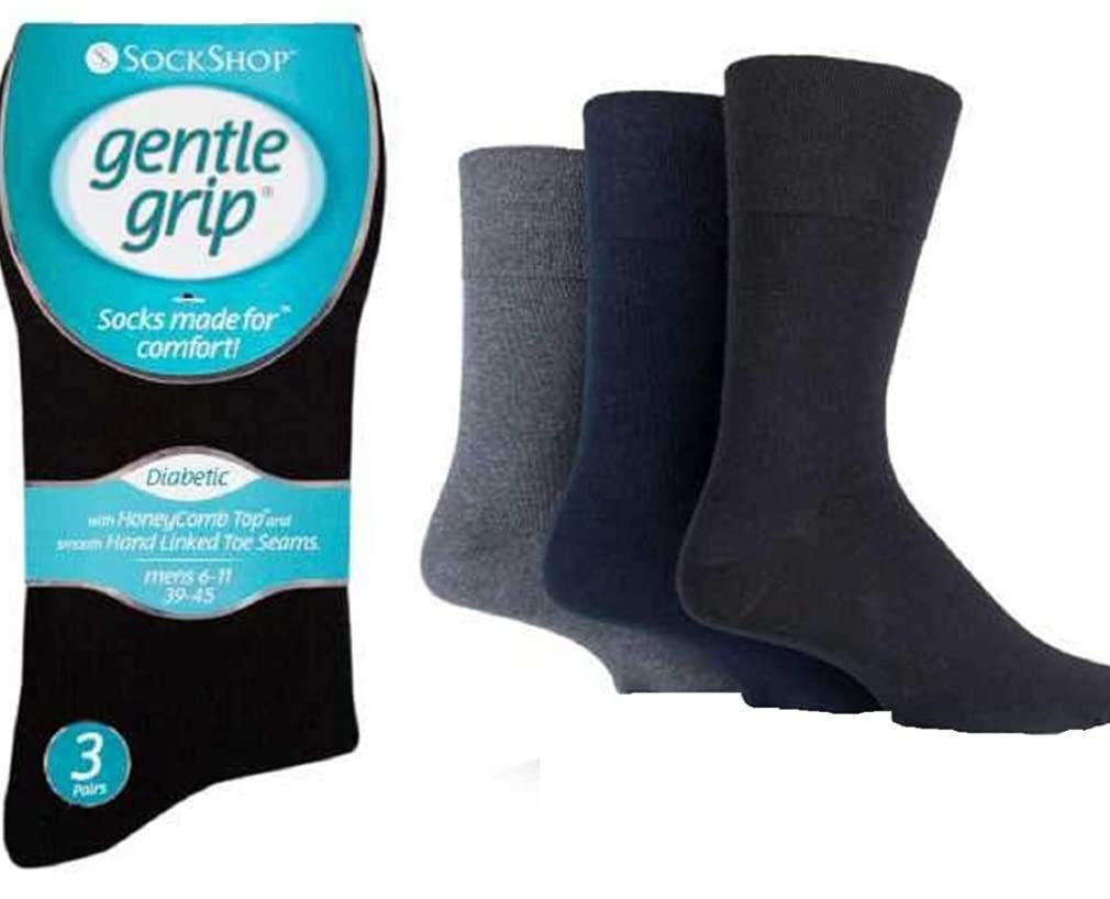 Gentle Grip Men's Black 3 Pairs Sockshop Cotton Rich Diabetic Non Elastic Socks With Soft Hand Linked Toe Honey Comb Top By Sockshop 6-11 (Darks)