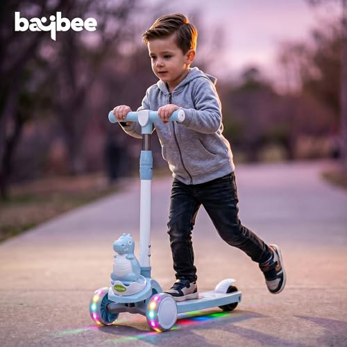 Image of Baybee Dino Blaze Kick Scooter for Kids | 3 Wheel Skate Scooter with RGB LED Wheels & Music | 3 Height Adjustable T-Bar Handle & Rear Brake | Foldable Skate Scooter for Kids 3 to 8 Years (Dark Blue)