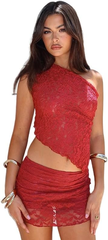 Women's Asymmetrical 2 Pieces Mini Skirt Set Lace Crop Top Bodycon Y2K Skirts Sets Beach Vacation Outfit