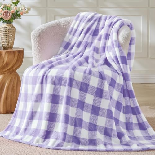 Image of BEDELITE Plaid Fleece Throw Blanket, Purple & White Buffalo 60x80 Inches